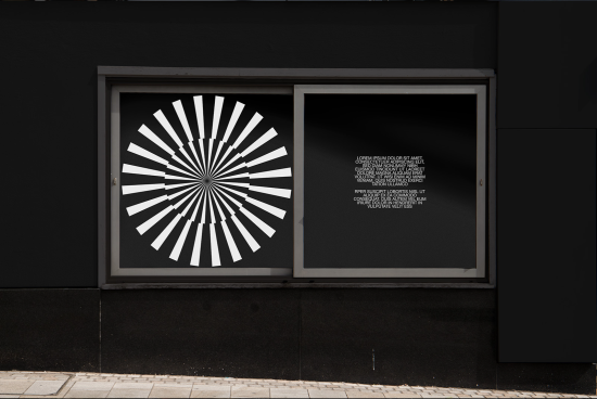 Window poster mockup in urban setting with radial design, ideal for presenting graphics or advertising content to clients in a real-world context.