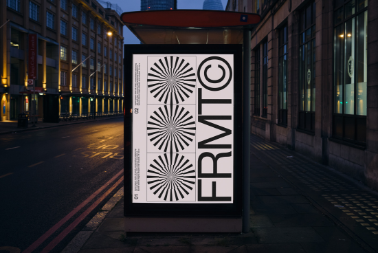 Outdoor advertisement mockup showcasing a bold graphic design on a bus stop at twilight on an urban street ideal for designers' presentations.