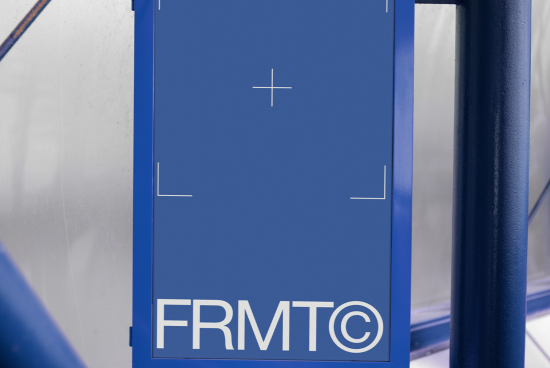 Blue urban design mockup panel for outdoor advertising, framed by metal structures, clear branding space, ideal for designers.