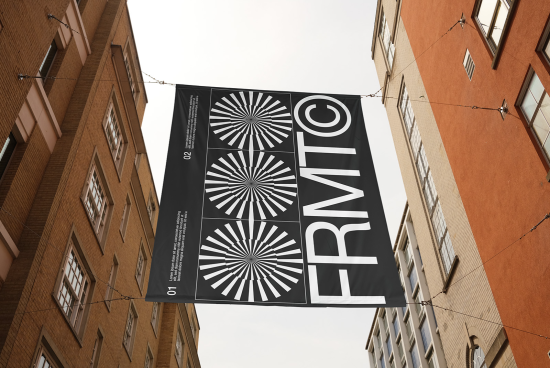 Urban street banner mockup suspended between buildings showcasing bold typography and graphic design perfect for presentations and portfolios.