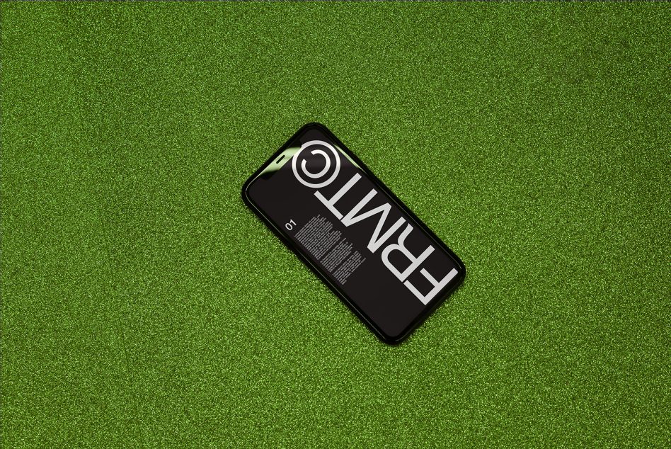 Black phone displaying minimal skincare branding on bright green textured background