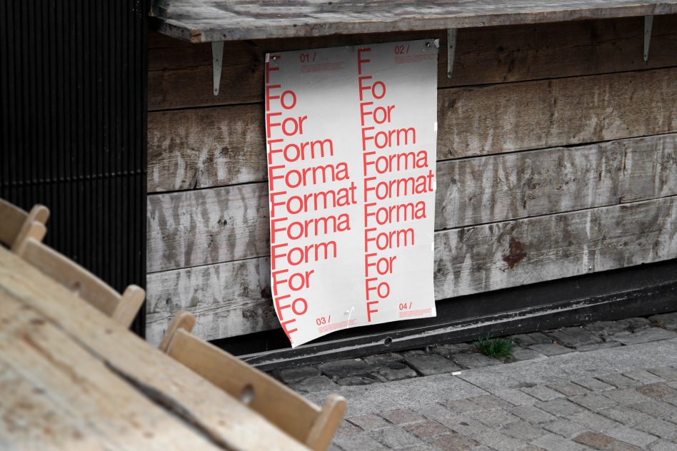 Poster mockup on wooden wall displaying typographic progression, urban setting, ideal for font and design presentations.