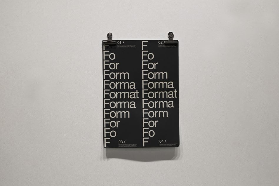 Minimalist poster mockup with four numbered panels showing typography variations in clean sans serif on black background