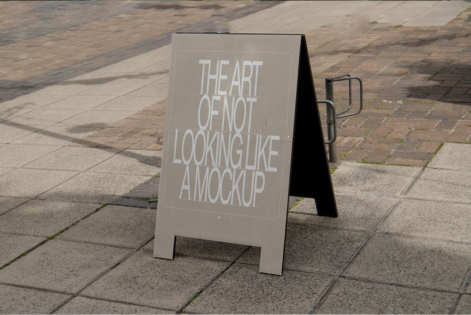 Outdoor signage mockup with striking typography stating The Art of Not Looking Like a Mockup on street pavement for advertising designs.