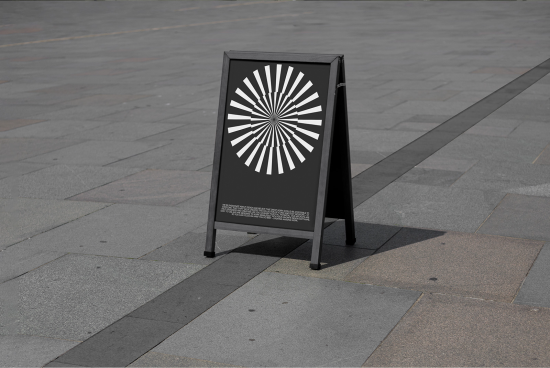 A-frame sidewalk sign mockup with abstract graphic design in an urban setting perfect for presentations and advertising displays.