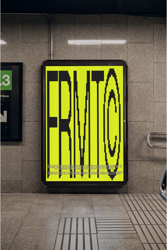 Eye-catching poster mockup in subway setting with vibrant yellow and black design, ideal for presentations and advertising in the Mockups category.