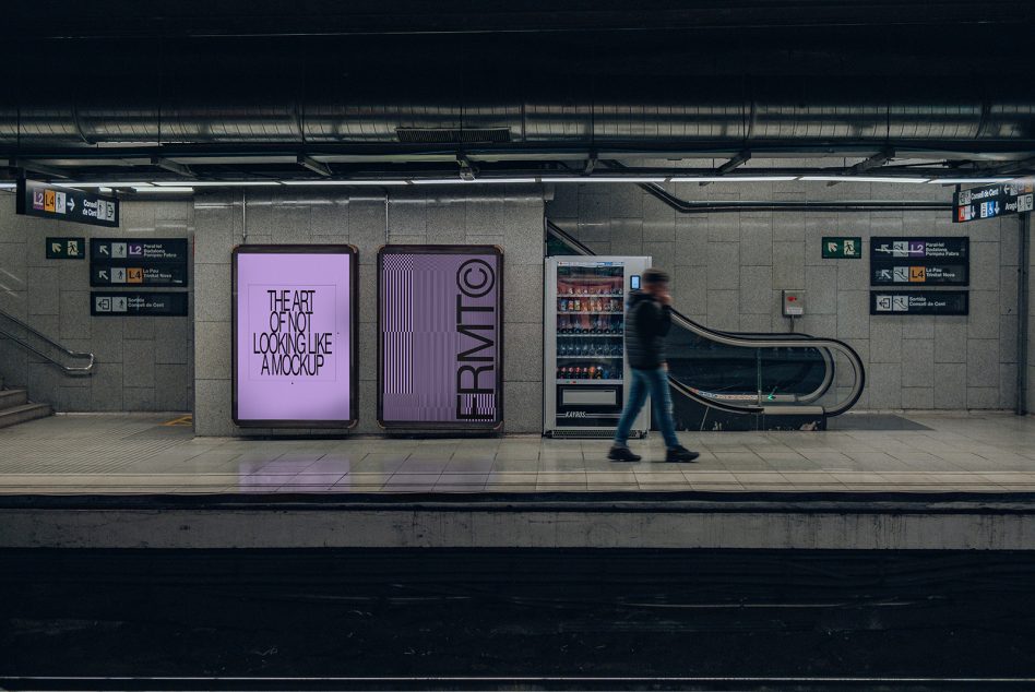 Subway platform with two glowing pink poster mockups on concrete wall, blurred commuter walking past