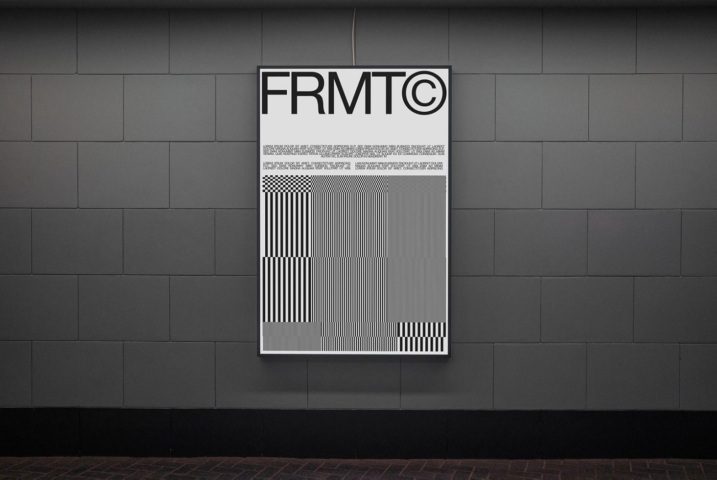 Wall-mounted poster mockup design displayed in a modern gallery with minimalist black tiles, ideal for showcasing graphic fonts and branding.