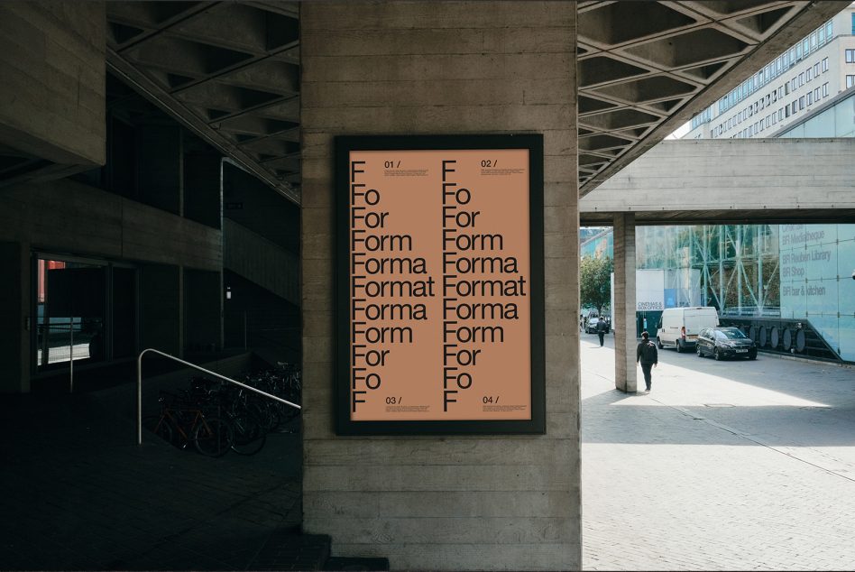 Modern poster mockup displayed in urban setting, showcasing font and typographic layout design, ideal for presentations and portfolio.