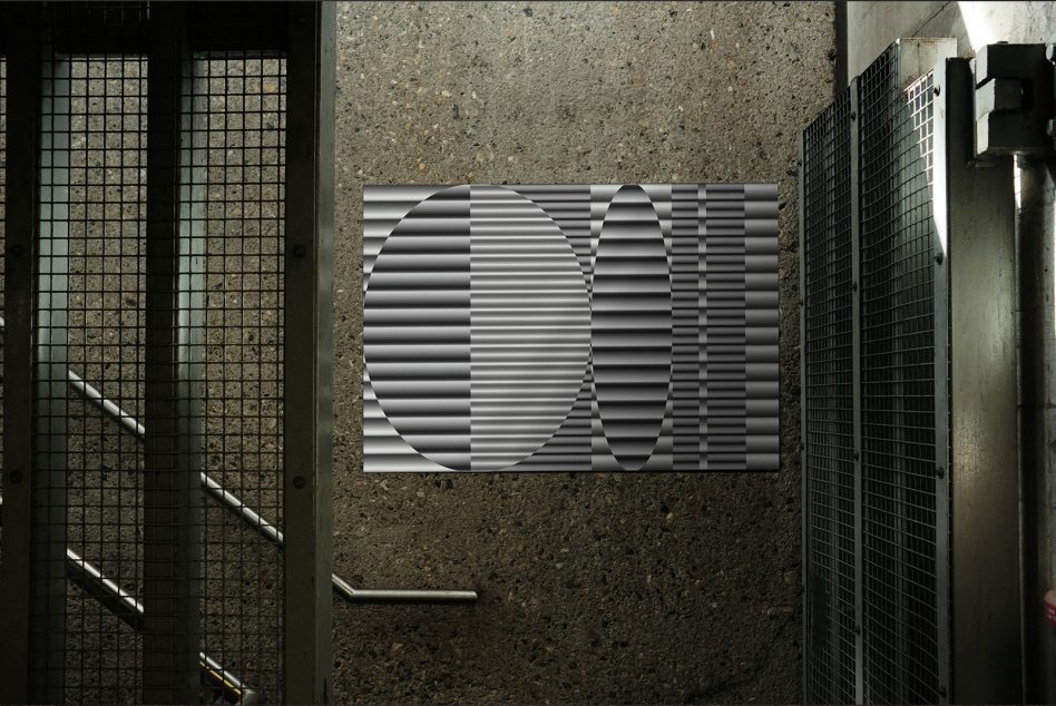 Industrial poster mockup hung on grungy concrete wall between metal mesh gates