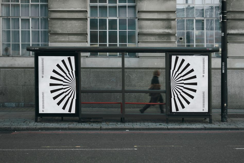 Bus stop mockup with pedestrian and dynamic geometric ad designs, urban setting, for branding presentation in graphic design resources.