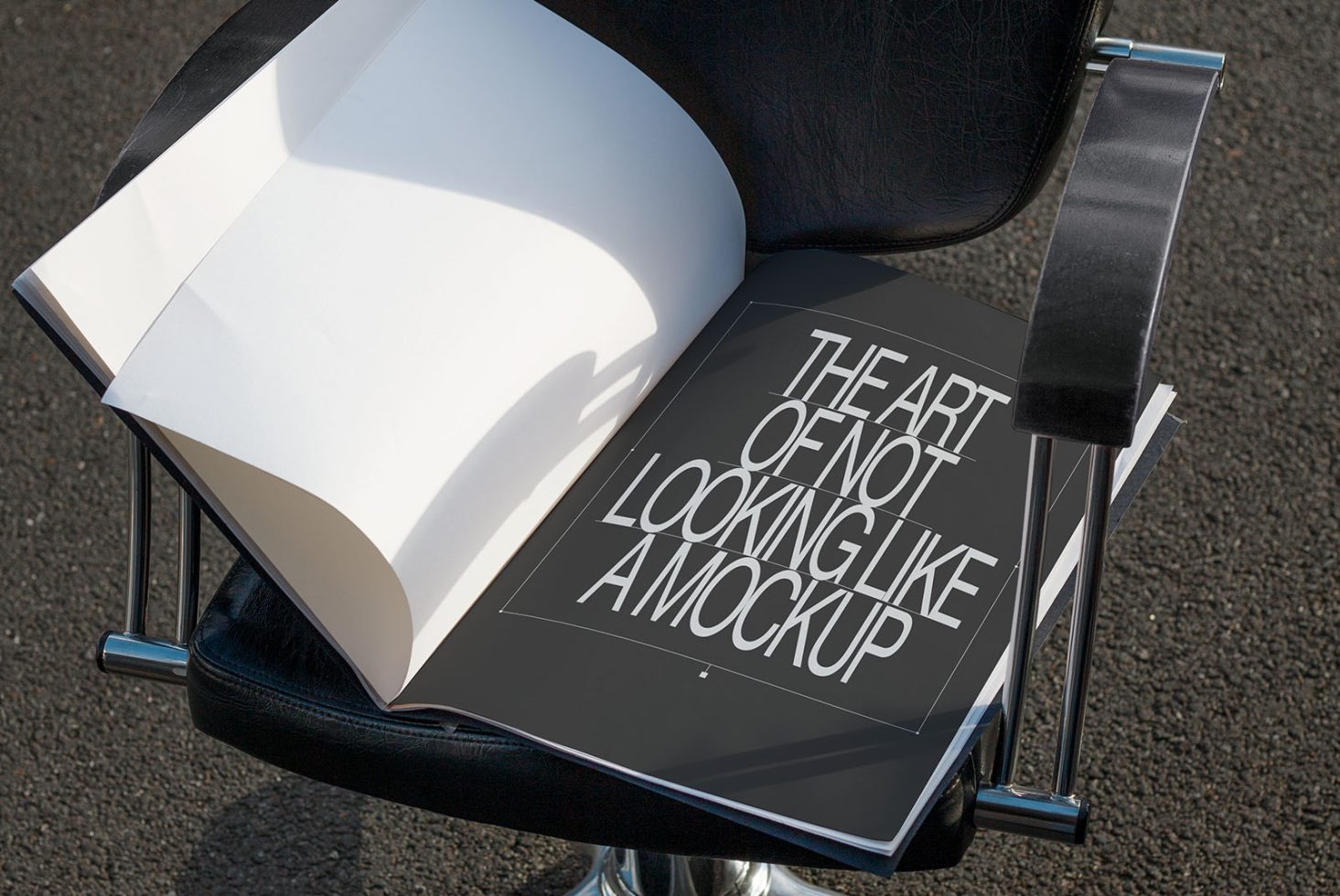 Realistic magazine mockup on chair with text graphics, showcasing clean design layout for presentation, in a professional setting for designers.