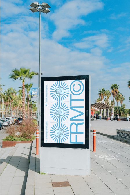 Outdoor advertising mockup with palm trees and blue sky background, featuring a lamppost and sidewalk, ideal for designers and templates.