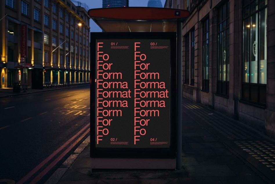 Bus shelter poster mockup with red typography on black background in urban street setting