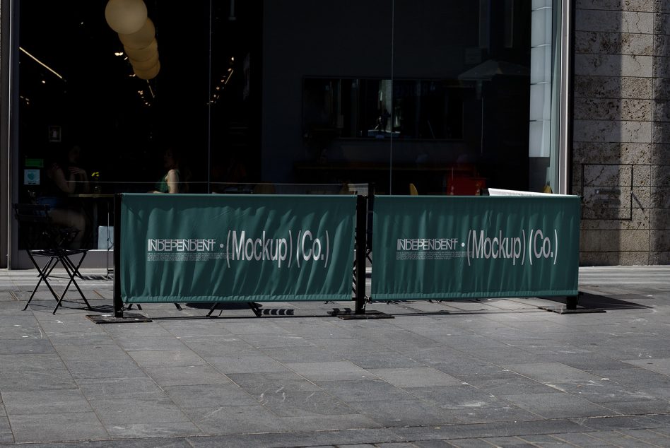 Outdoor cafe barrier mockup with urban setting and company branding for realistic design presentation, perfect for designers to showcase advertising.