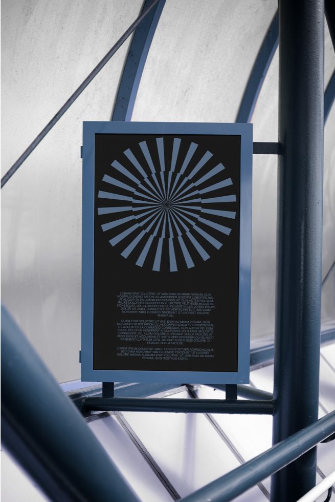 Poster mockup design displayed on metal stand with modern abstract layout, ideal for presenting graphic works, set in an urban environment.