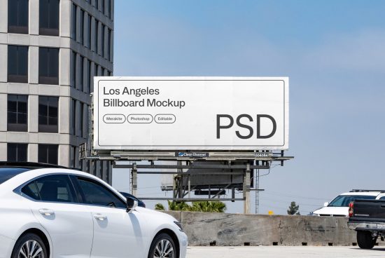 Los Angeles outdoor billboard mockup in PSD format shown next to a highway with cars, suitable for graphic design advertising presentations.