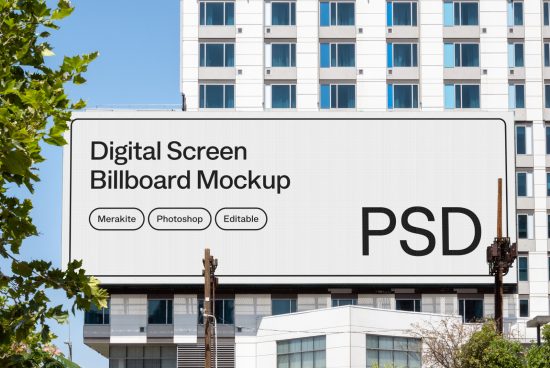 Billboard mockup on a building with editable digital screen, PSD format, ideal for urban outdoor advertising designs.
