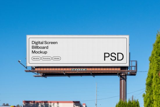 Billboard mockup in bright daylight for advertising design, clearly visible PSD label, suitable for digital asset portfolios.