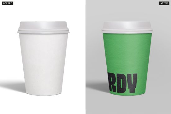 Paper coffee cup mockup before and after branding, white to green with sample text design, ideal for presentations and product display.