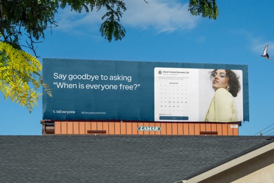 Billboard design mockup for scheduling tool ad, clear skies, urban setting, realistic textures. Ideal for graphic designers, ad templates.