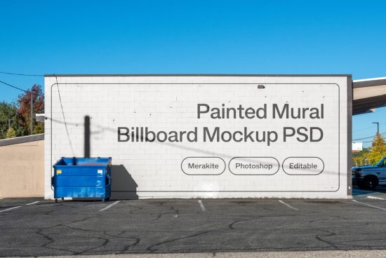 Wall mural billboard mockup PSD for outdoor advertising designs, Editable Merakite Photoshop template, parking lot setting, clear blue sky.