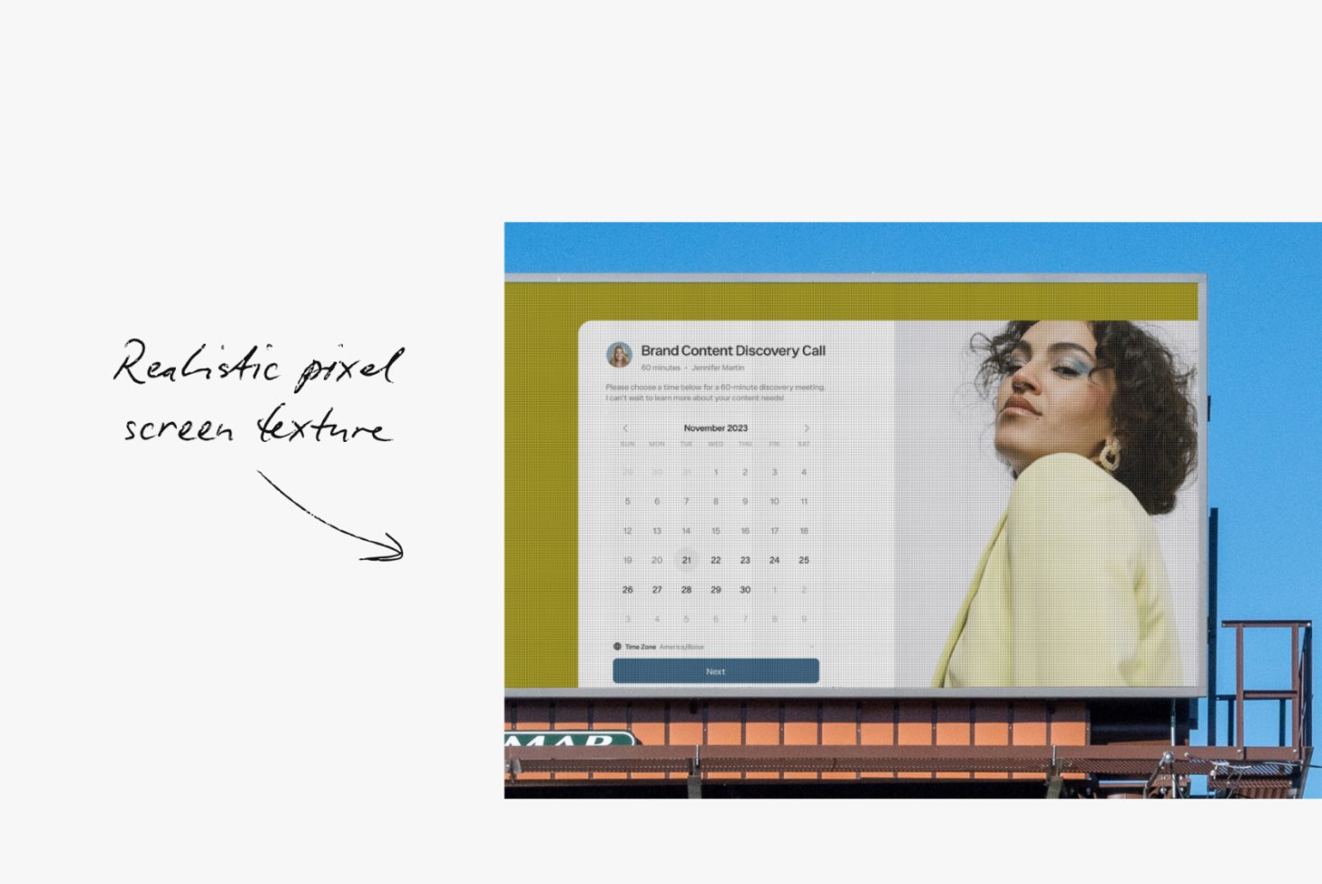 Billboard mockup with realistic screen texture showcasing digital calendar interface and woman's portrait for advertising design presentations.