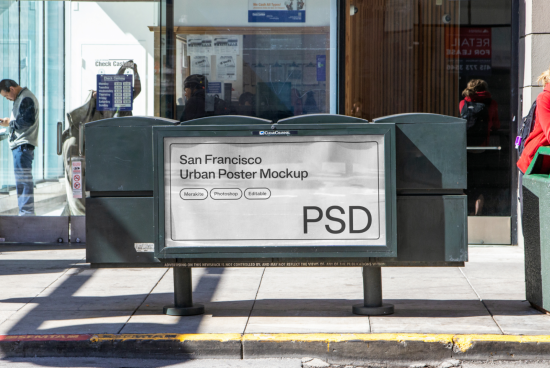 San Francisco street newsstand featuring an urban poster mockup, editable PSD format, ideal for designers and graphic presentations.