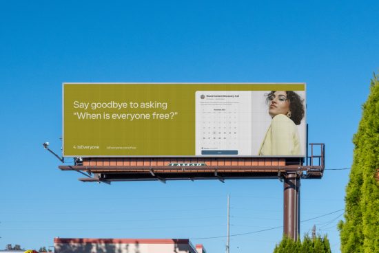 Outdoor billboard mockup displaying ad text with a calendar and a woman, set against a clear blue sky, suitable for graphics and advertising designs.