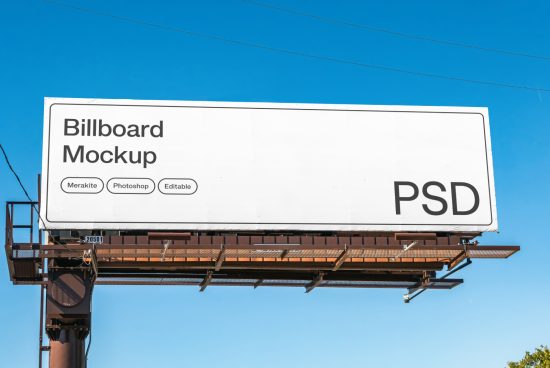 Billboard mockup PSD on clear blue sky background, editable Photoshop template for advertisement design, showcased on outdoor platform.