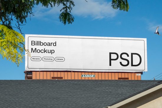 Outdoor billboard mockup on a roof against blue sky, editable PSD for advertising design display, clear sunny day setting.