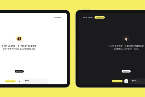 Digital portfolio templates for designers displayed on tablets, featuring minimalist style, personal bios, and work history layout.