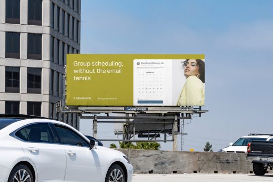 Billboard mockup on a busy roadside featuring a scheduling app advertisement, perfect for templates category and showcasing design work.