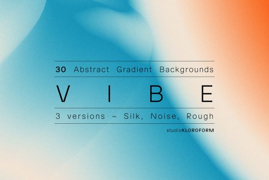 Abstract gradient backgrounds preview with text, blue to orange hues, promoting 30 designs in silk, noise, and rough textures by studioKLOROFORM.