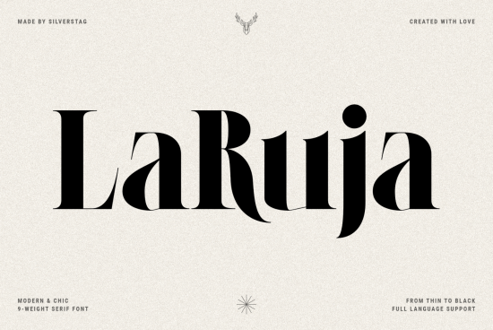 Elegant serif font LaRuja preview with sleek design, ranging from thin to black weights, suitable for diverse graphic and template designs.