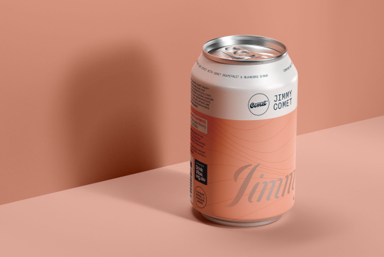 3D beverage can mockup on peach background, product packaging, realistic design template, ideal for designers to showcase branding work.