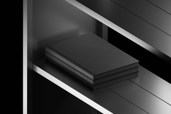 Black hardcover book mockup on dark shelf, sleek and modern design, ideal for presentations and portfolio display, high-resolution digital asset.