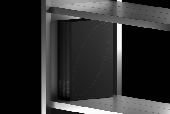 Elegant black book mockup on shelf, minimalist design, modern graphic presentation, perfect for designers, clean layout, realistic texture, 3D render.