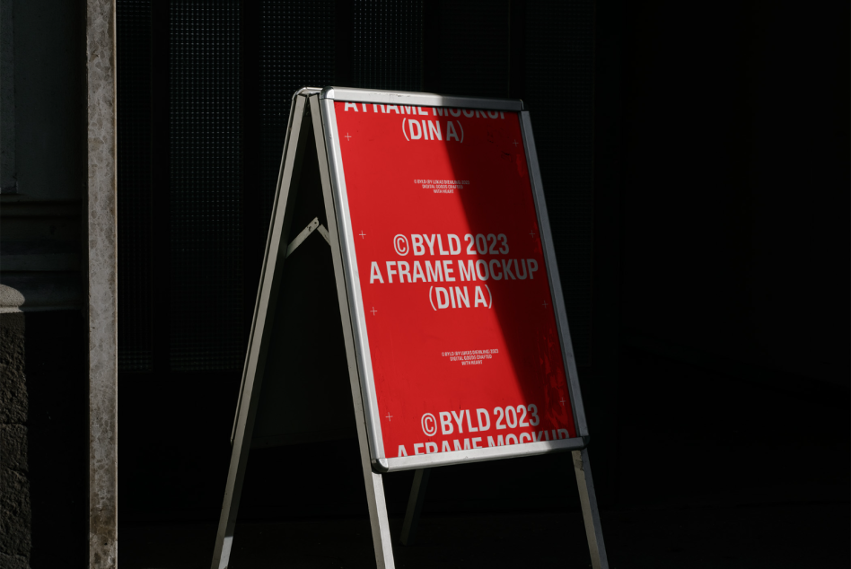 Red A-frame signboard mockup with shadow play, perfect for outdoor advertising designs and presentation. Suitable for showcasing graphics and fonts.