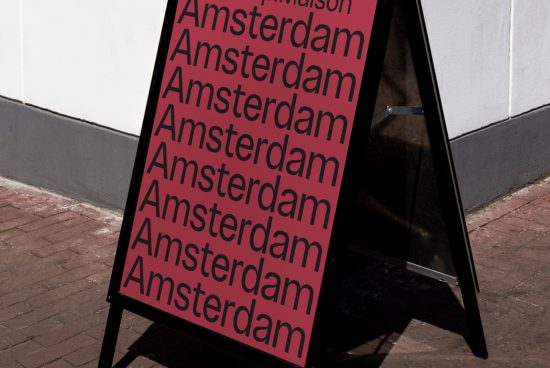 Bold font on street signboard with 'Amsterdam' repeated, showcasing typography, ideal for mockup, font display, urban design graphics.