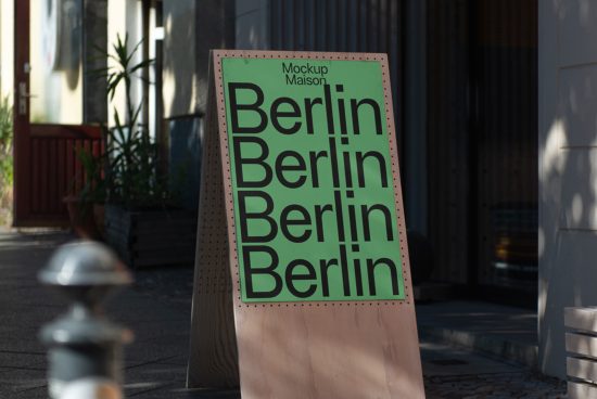 Urban street sign mockup with repetitive 'Berlin' text showcasing font design. Ideal for display in graphics and template portfolios.