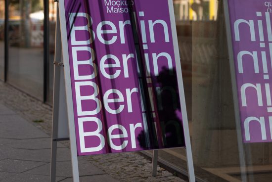 Stylish outdoor poster mockup with 'Berlin' text, reflected on glass window, ideal for contemporary graphic design display.