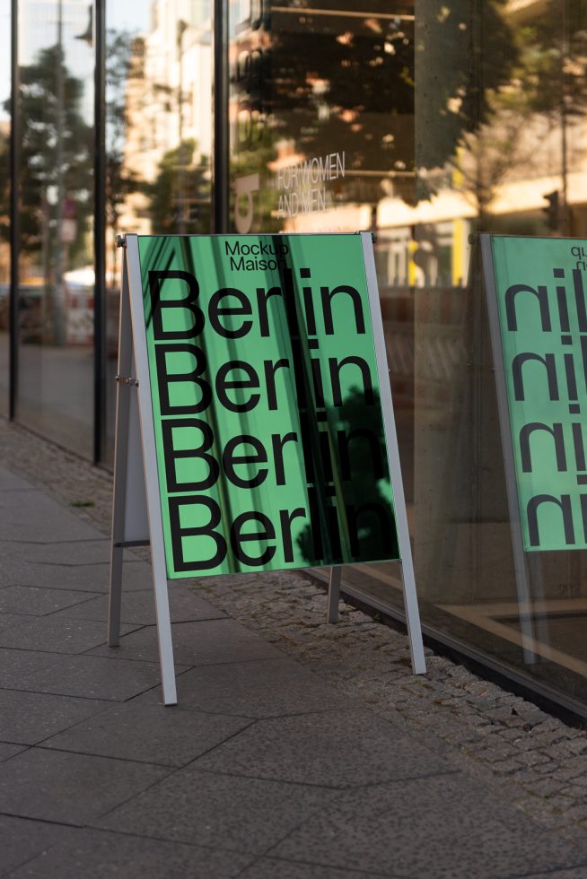 Street view of a standing signage mockup with a bold 'Berlin' font design, ideal for storefront or urban advertising templates.