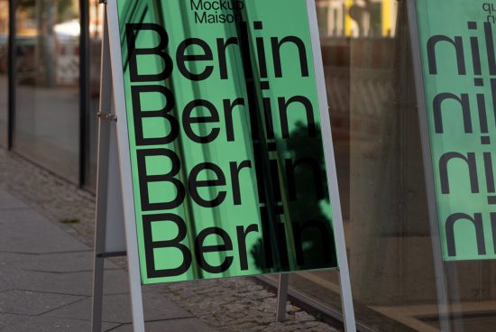 Outdoor poster mockup displaying bold 'Berlin' text on city sidewalk, reflecting urban design, ideal for graphic presentations and templates.