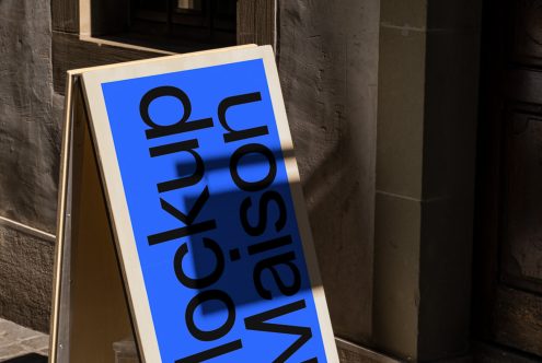 Blue and white mockup sandwich board sign on a city street, realistic urban presentation, design display, signage mockup, creative template.