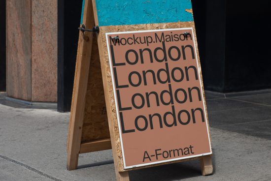 Street view of an A-frame signage mockup with repetitive text design 'London' for poster display, realistic urban setting.