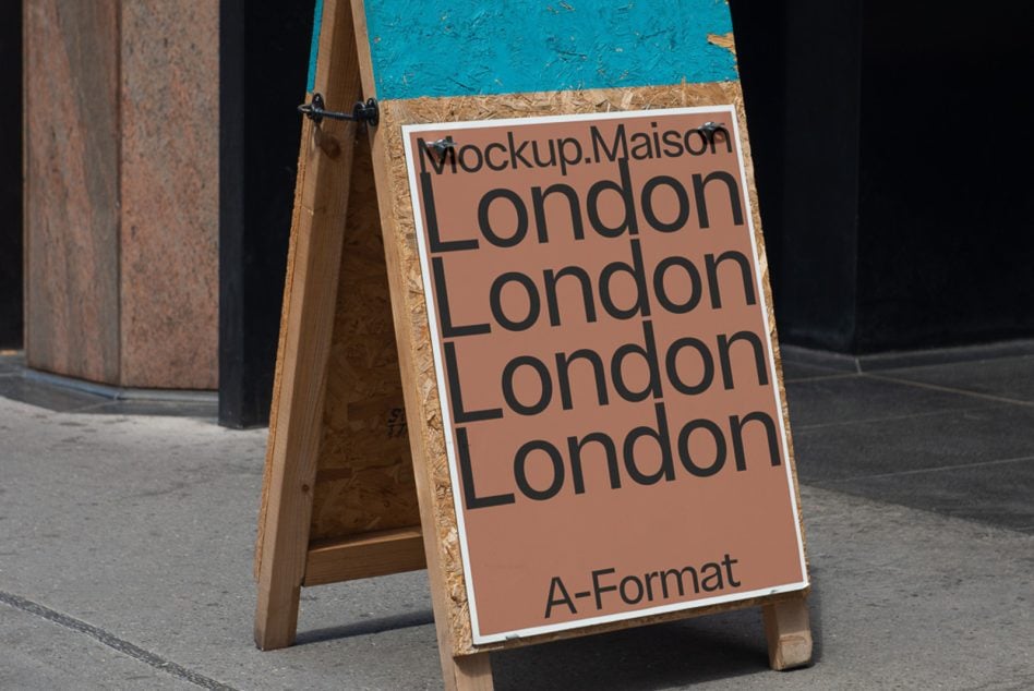 Close-up of peach A-format poster on wood sign with repeated London text