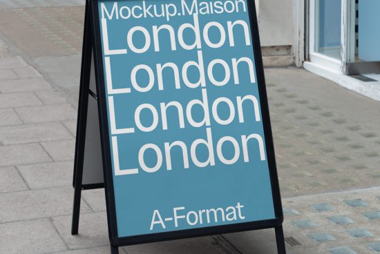 Urban street A-frame mockup displaying blue poster with repeated word London, design resource for showcasing advertising designs.
