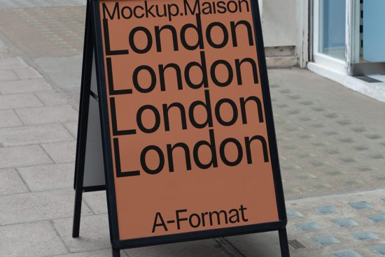 Outdoor sandwich board mockup with editable design space on urban sidewalk for designers, showcasing font and text placement versatility.