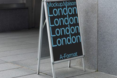 A-frame sidewalk signboard mockup displaying typographic design, suitable for showcasing advertising designs or branding graphics.